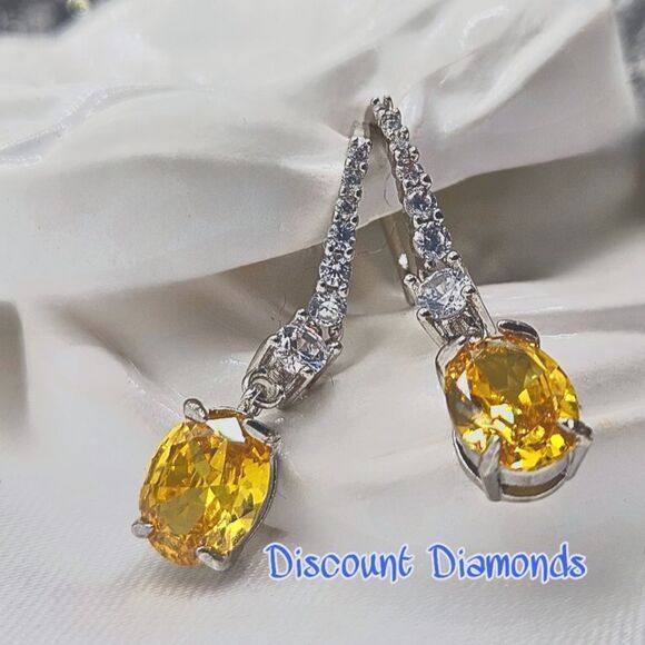 Oval Cut Yellow Diamond Earrings with Clear White Baguette Diamonds 925… - Picture 1 of 9